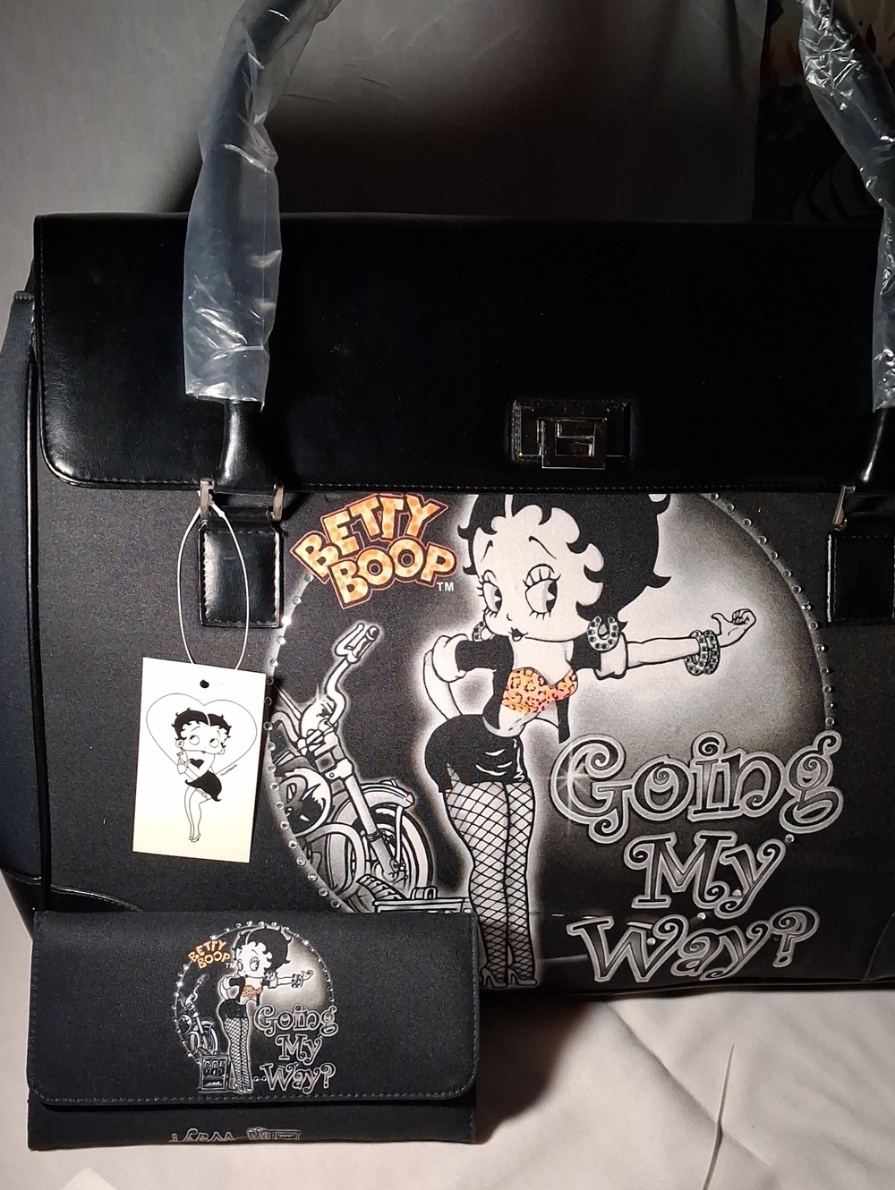 Vintage 2005 Betty Boop Black Graphic Purse Travel Bag Matching Clutch Checkbook